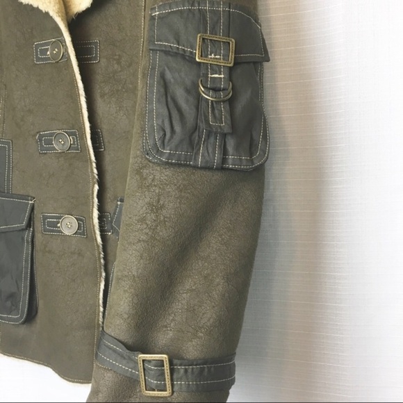 Tasha Polizzi• brown vegan leather shearling military style bomber coat medium - Picture 3 of 7